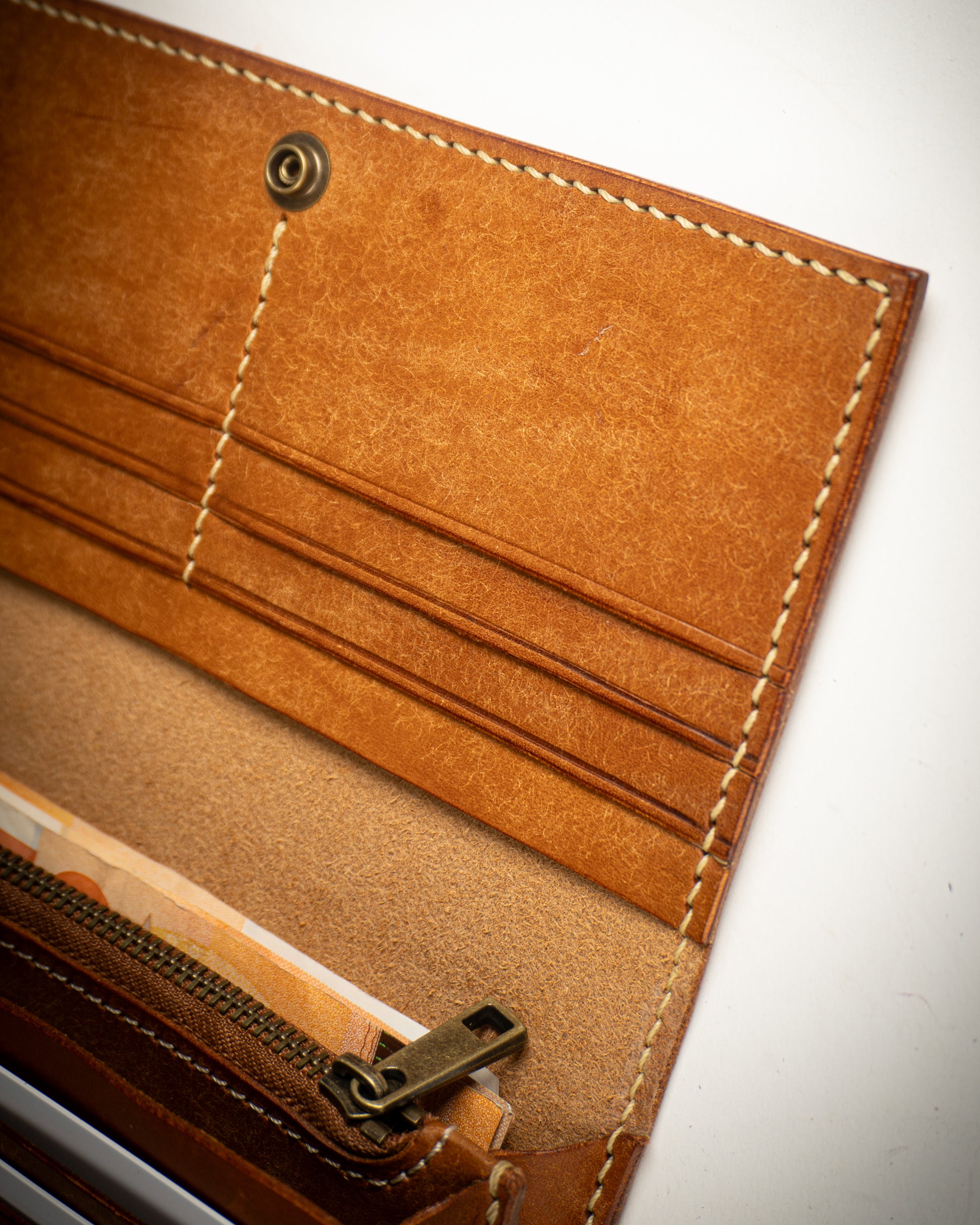 Hand-stitched Leather Long Wallet