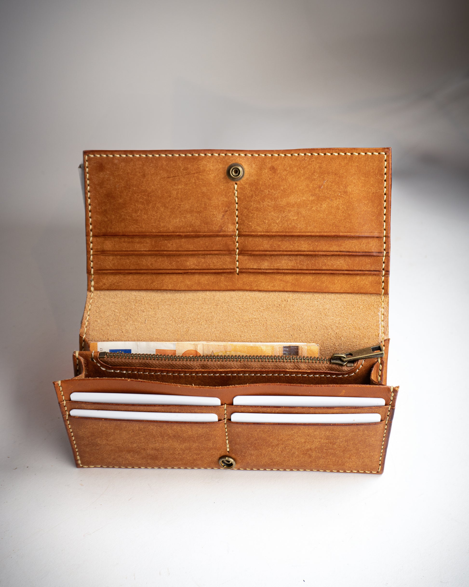 Hand-stitched Leather Long Wallet