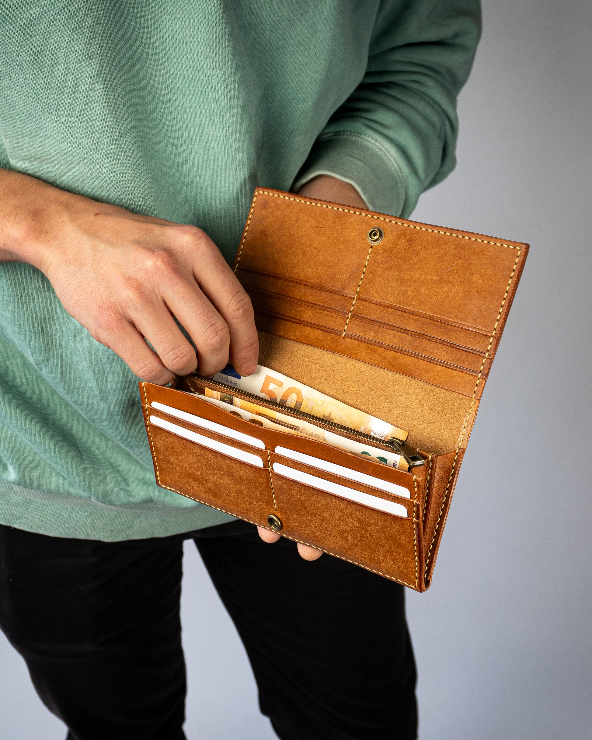 Hand-stitched Leather Long Wallet