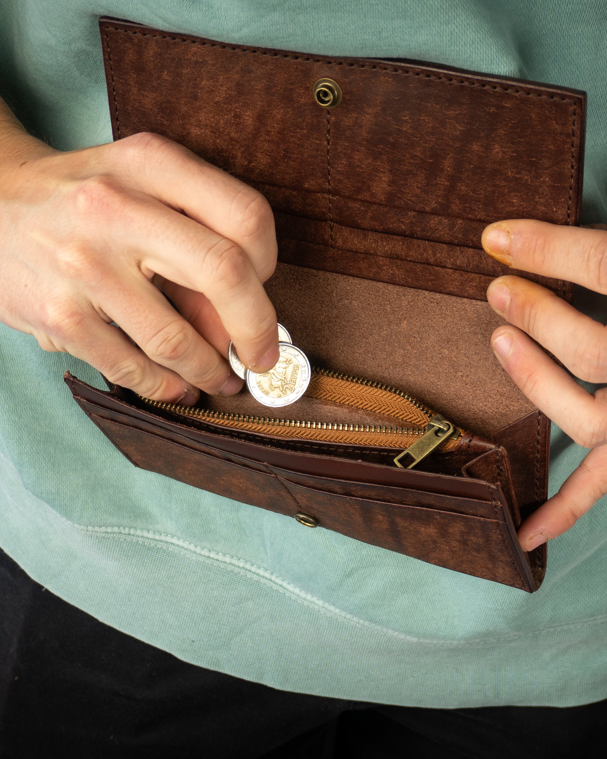 Hand-stitched Leather Long Wallet