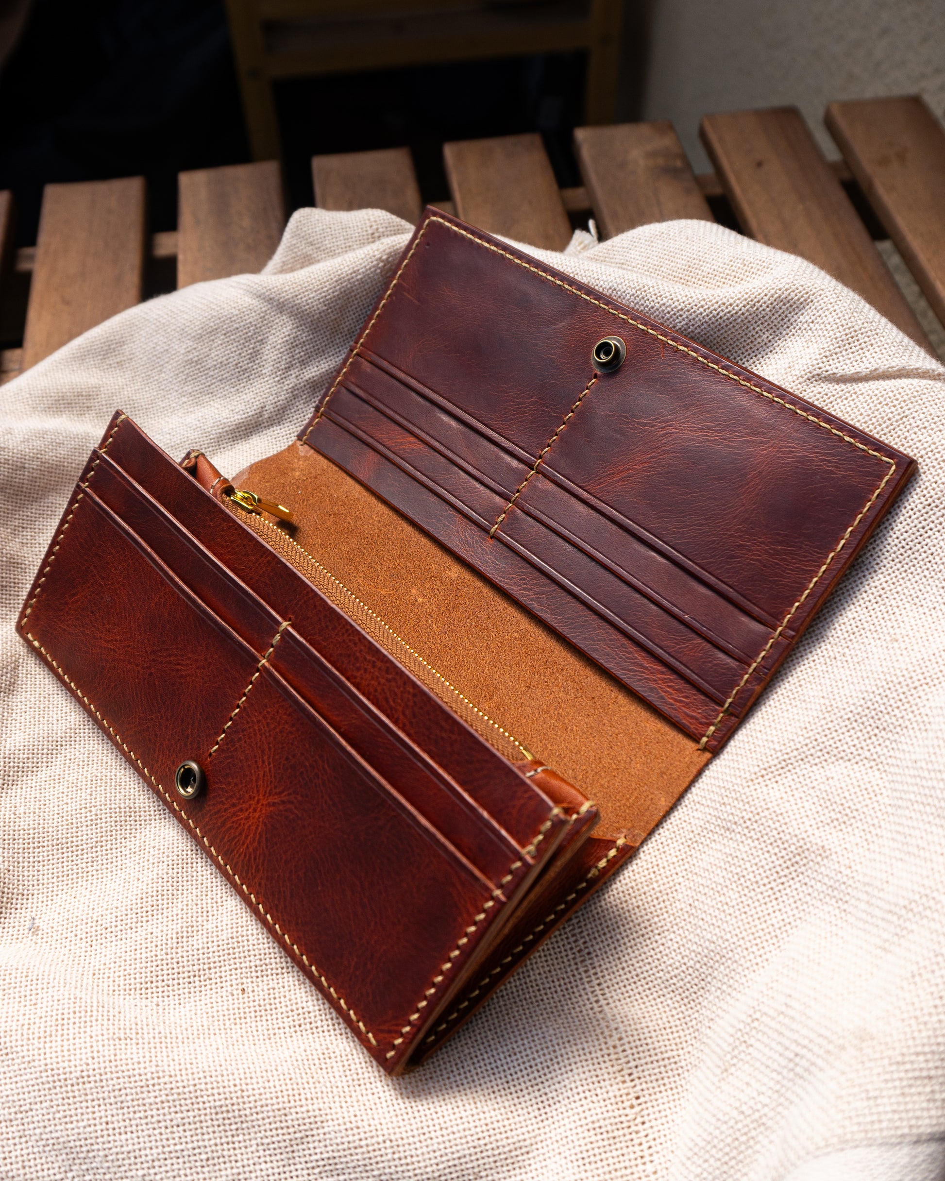 Hand-stitched Leather Long Wallet