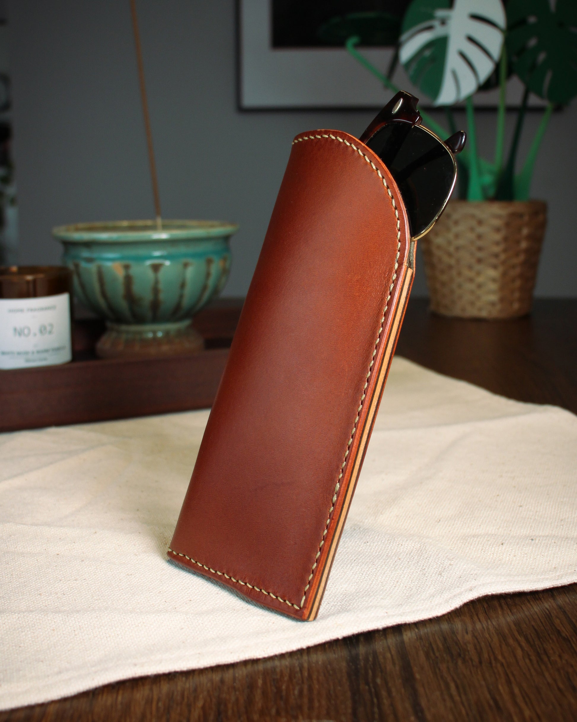 Handstitched Leather Glasses Case with Velour Lining and polished edges